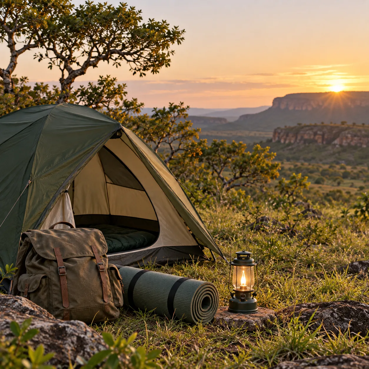 Barraca, mochila e acessórios de camping em ambiente natural