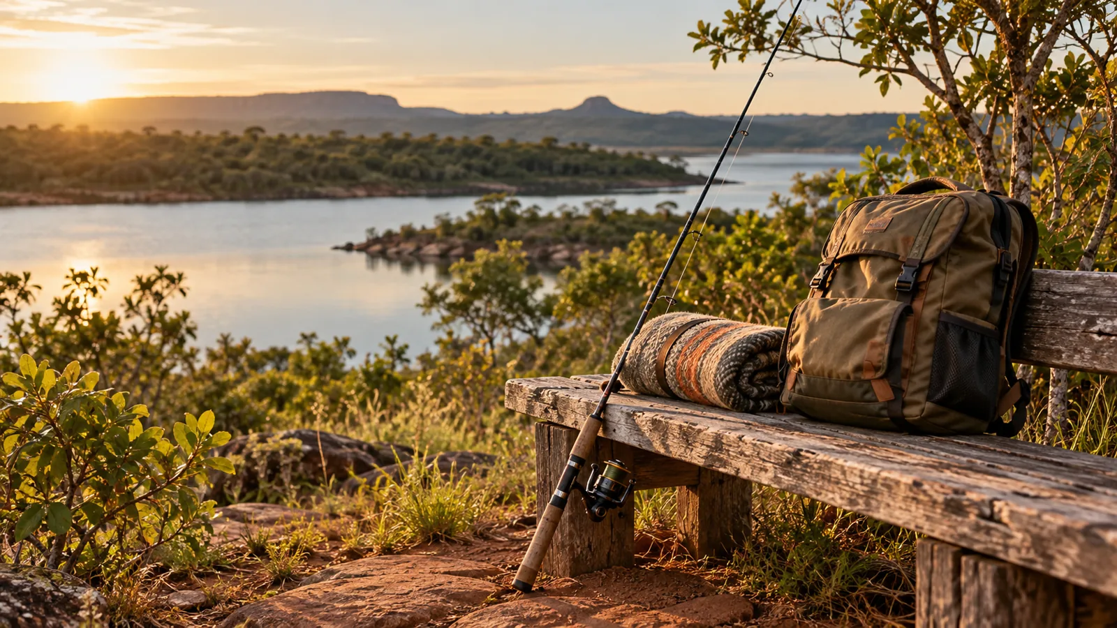Equipamentos de pesca e camping próximos a uma paisagem natural